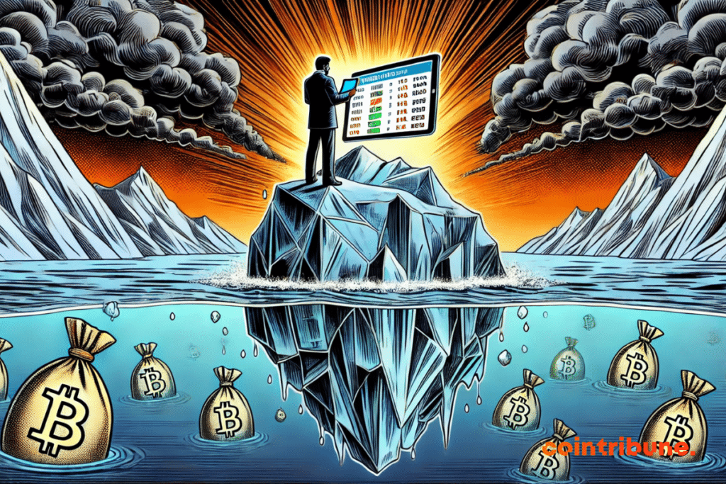 An investor standing on an iceberg floating in a dark ocean. The iceberg, partially submerged, symbolizes the hidden dangers of the crypto market.