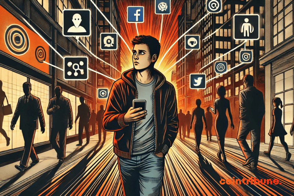 An illustration showing a user of social networks interacting with their smartphone and AI