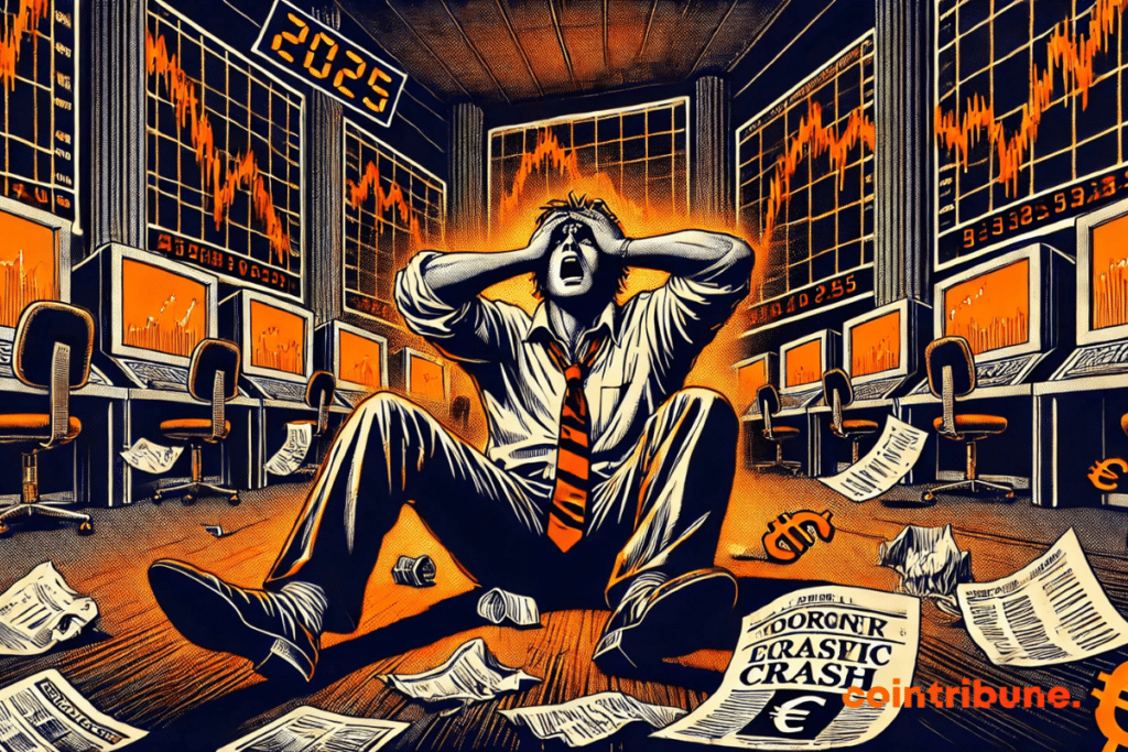 An American trader in distress is sitting on the floor of a market room, surrounded by scattered papers and a crumpled newspaper displaying 