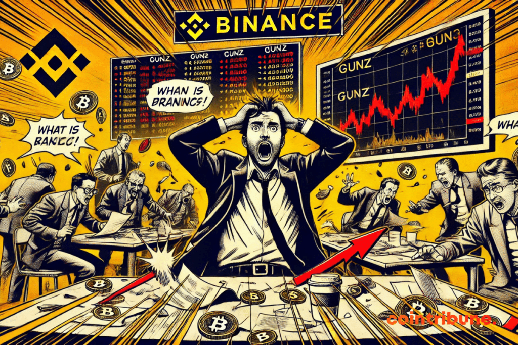 Overloaded market room, chaotic atmosphere. Trader from Gunz Crypto in costume, hands in the hair, wide eyes fixing his screen.