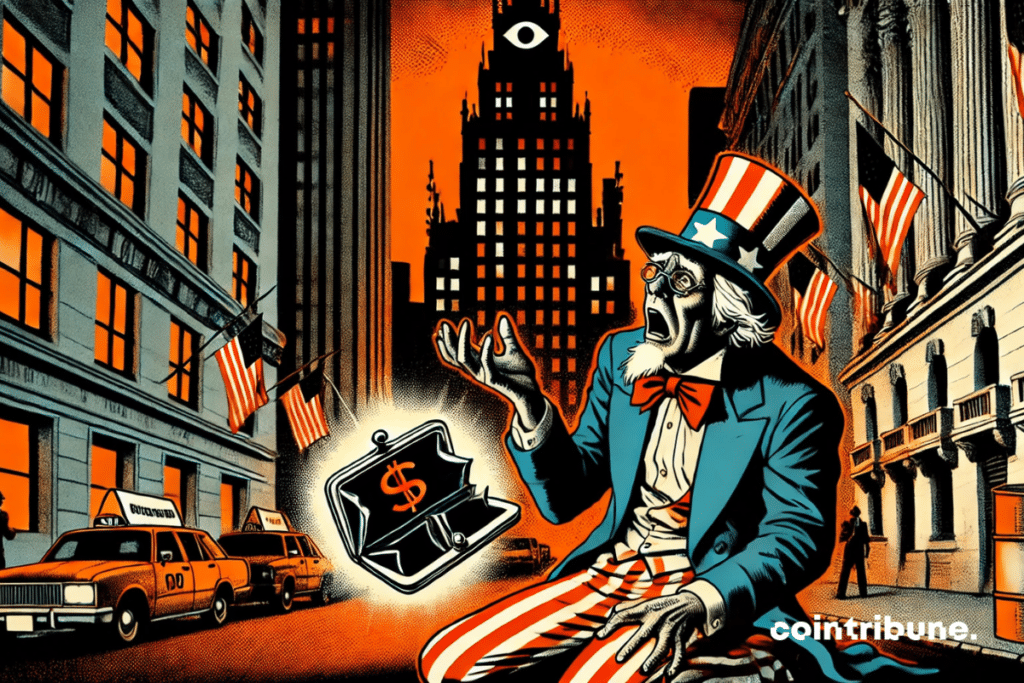 Uncle Sam on his knees, hands on an empty portfolio of Blackrock, Hagard air.
