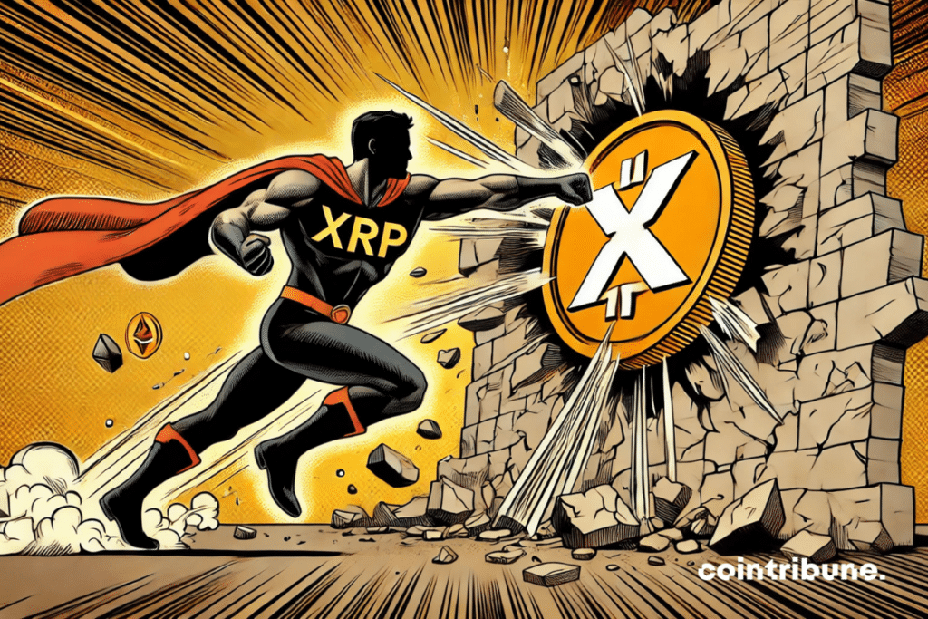 The XRP crypto in superhero character striking a wall