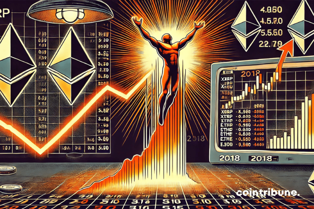 The XRP and Ethereum take shape in a stylized and animated crypto graphic duel.