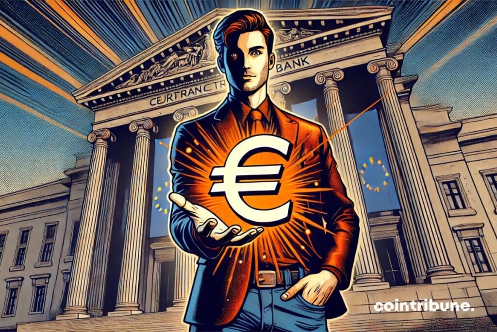 A European investor in front of a bank of a digital euro in hand.