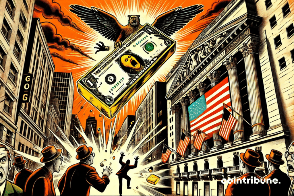 The economy collapses: a giant dollar ticket falls and a golden string with eagle wings proudly rises