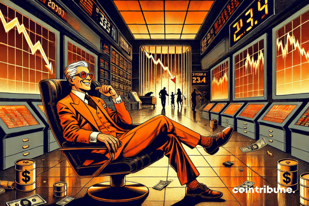 An investor symbolizing Buffett comfortably installed in a financial control center, taking advantage of the collapse of the outside world.