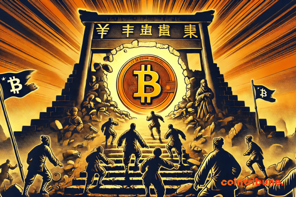 Illustration of bitcoin and silhouettes of Chinese citizens climb a ruined staircase.