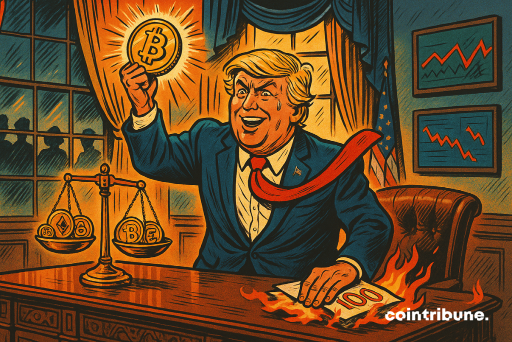 Donald Trump, caricatured in the oval office, brandishes a light bitcoin, burning a $ 100 ticket, surrounded by crypto symbols and graphics.