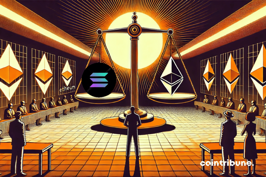 Minimalist white room, center on a large scale. The founder of Uniswap, concentrated, poses a marked weight "Challenge" On the Solana and Ethereum plateau.
