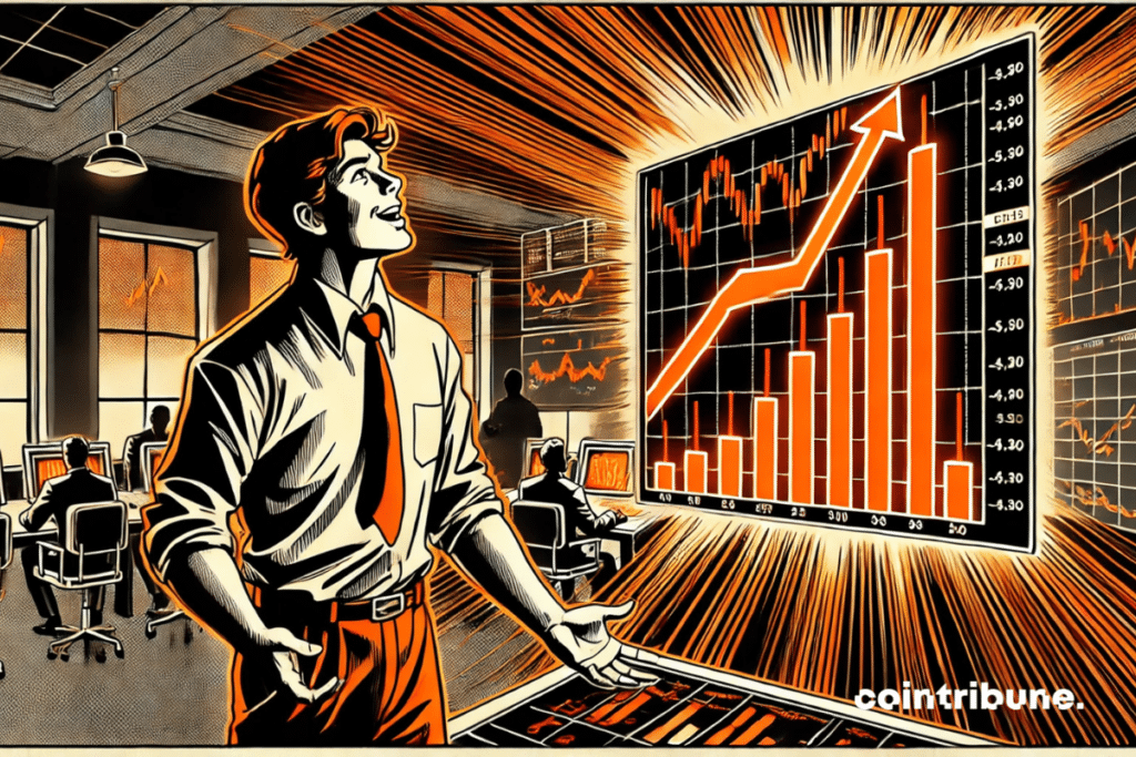 Dark interior of a retro trading desk, lit by a single screen emitting a strong orange light. A young trader focused on altcoin analysis
