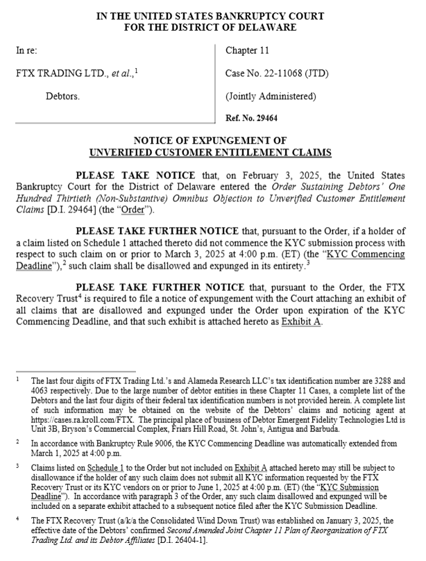 In a judicial document published on April 2, 2025, the Delaware bankruptcy court confirms that the Crypto of FTX investors did not start the KYC process before March 3, 2025 at 4 p.m. (Eastern time) will see their complaints struck out purely and simply.