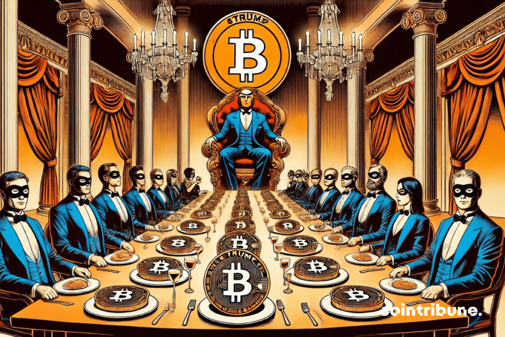 Illustration of a crypto dinner with Trump who sits in the middle