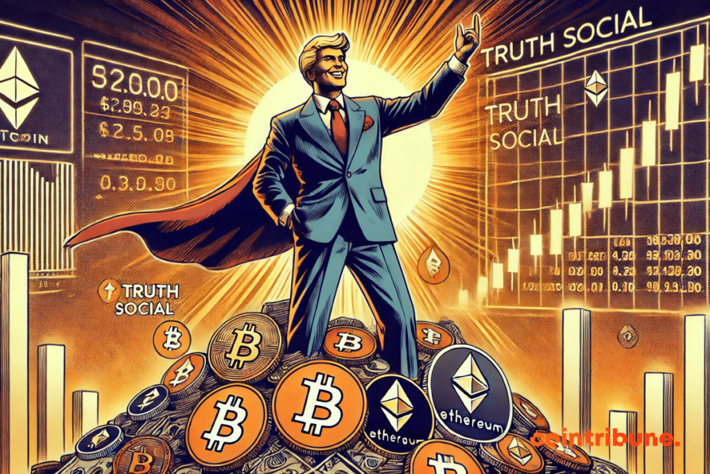 Scene illustrating Donald Trump on a cryptos stack