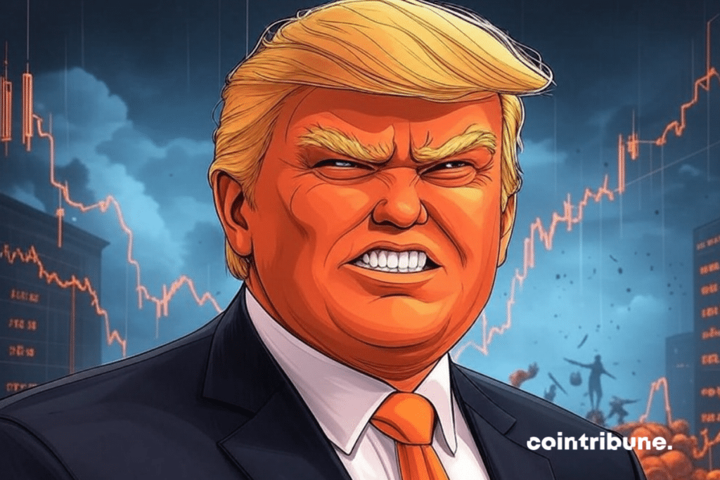 Donald Trump with a threatening expression, against the backdrop of free fall graphics in free fall and financial symbols in crisis.