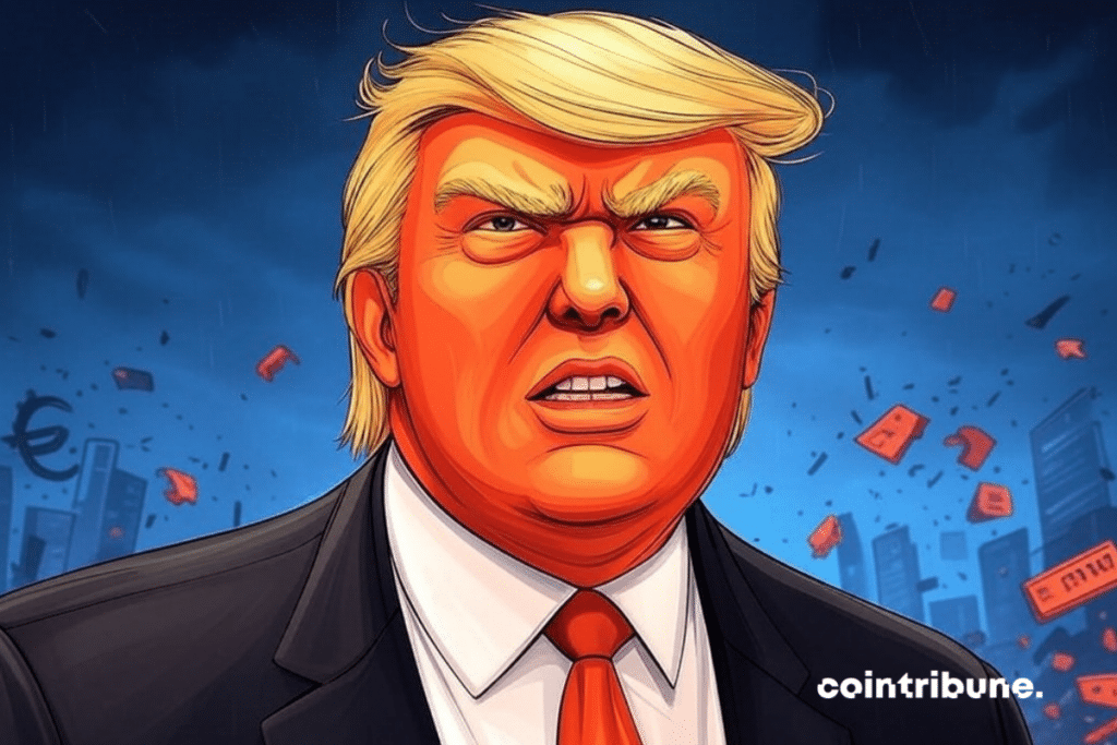 Donald Trump in costume, with a determined air, in front of a free fall stock graph, symbolizing the impact of his decisions on the financial markets.