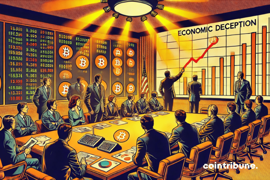 Meeting room bringing together economists, graphics and Bitcoin logos