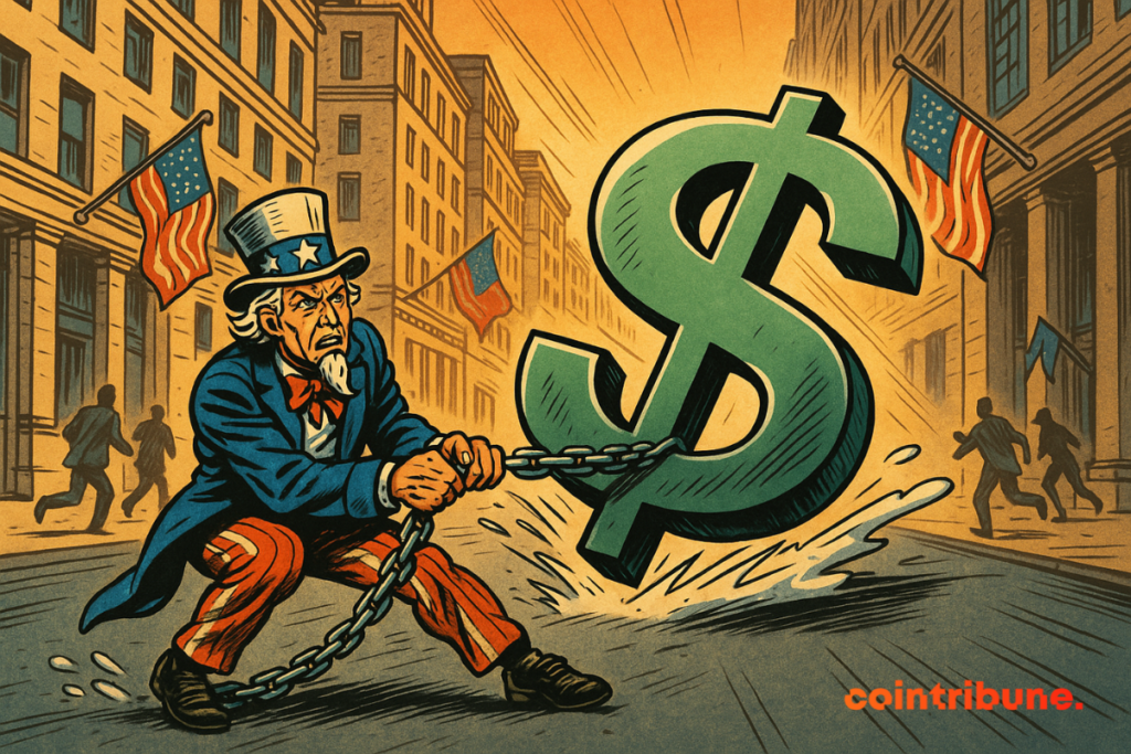 Uncle Sam takes a huge symbol of the dollar using a chain in an American street, illustrating economic pressure.