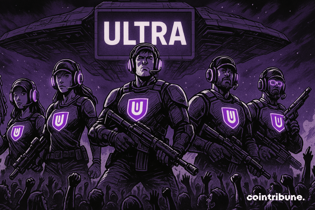 A futuristic squad of armed soldiers in the colors of Ultra stands in front of a jubilation crowd, under a massive spacecraft bearing the inscription 