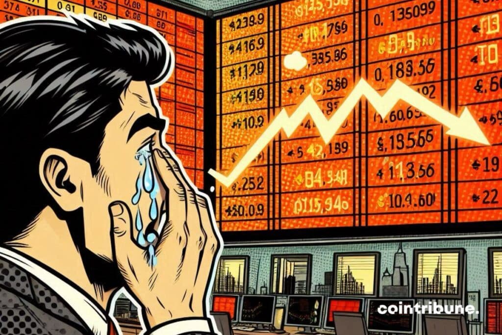 The stock market indices at Wall Street fall, a crying investor.