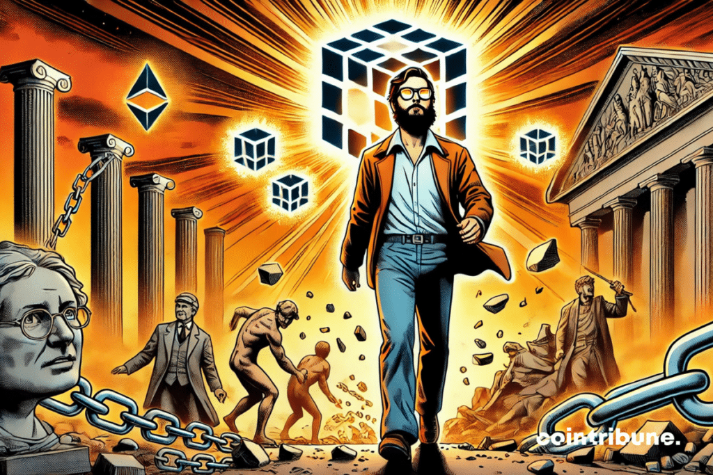 Illustration by Charles Hoskinson walking in the middle of a digital agora