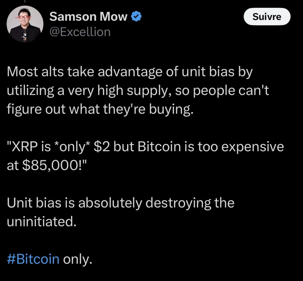 In a recent post this April 19, 2025, Samson Mow stresses that this psychological error pushes beginners to believe that a cheap Altcoin is better than a fraction of bitcoin.