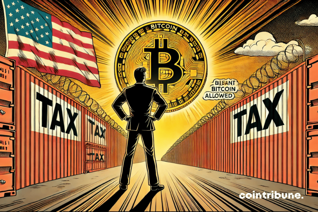 Muscled silhouette, crossed arm, looking at a huge bitcoin piece that shines like a rising sun.