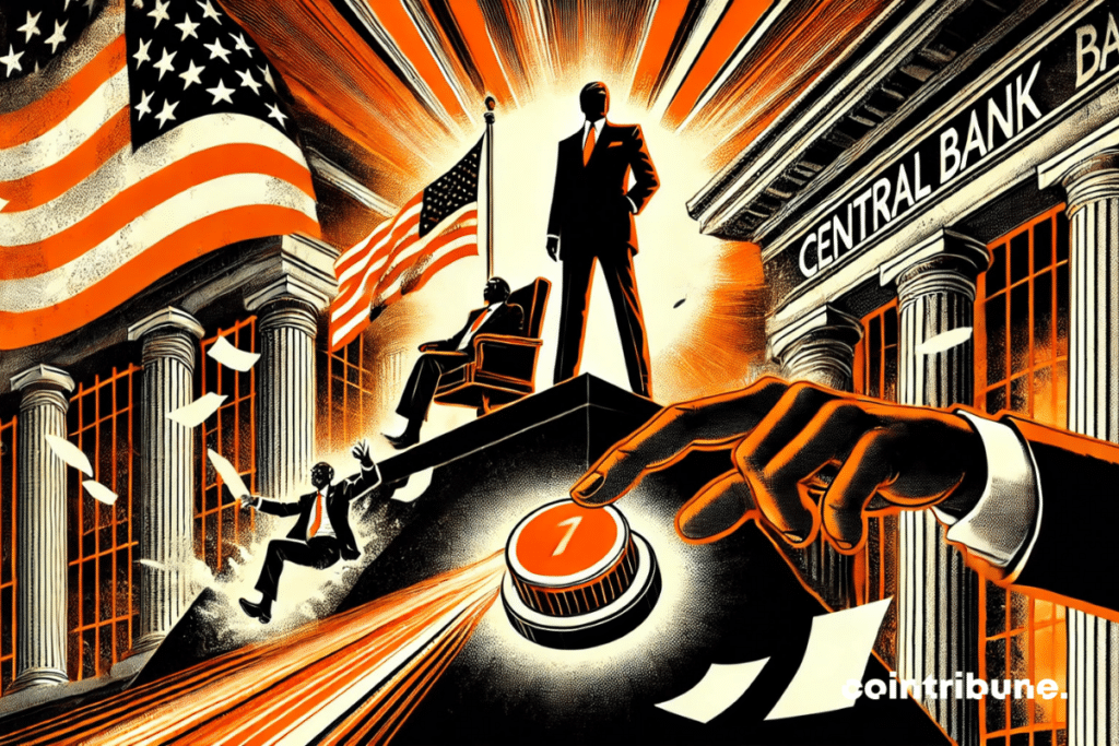 Illustration of a dominant American president who presses a giant orange button while the president of the federal reserve falls back in his chair.