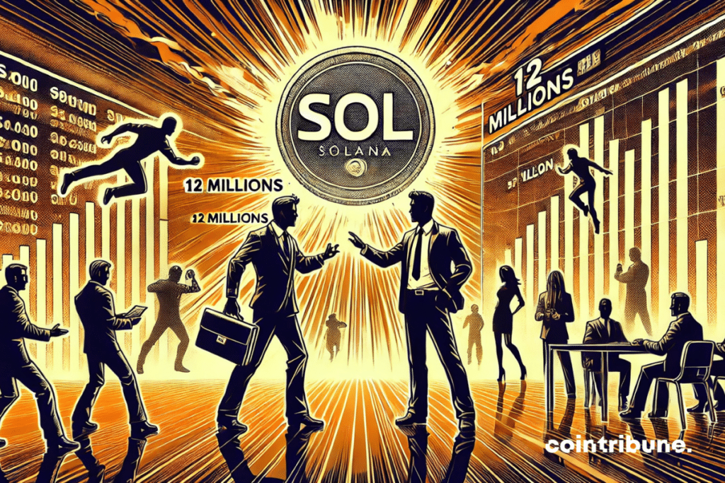 Crowded trading room with statistics on Solana as funds