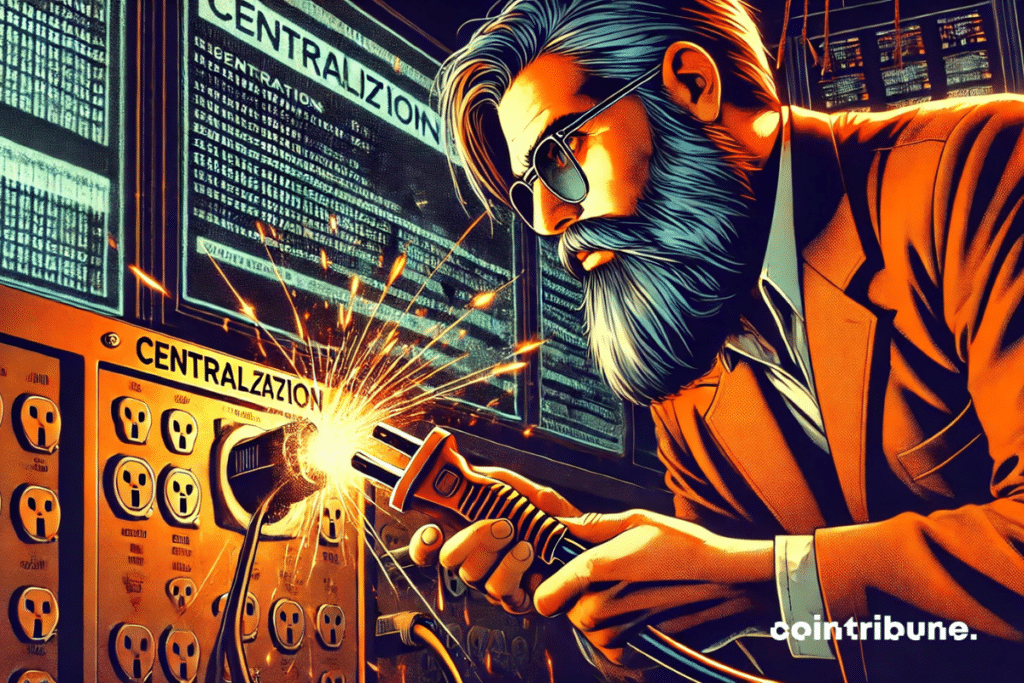 A bearded technician disconnects a gigantic cable decorated with a centralization symbol for the Solana network