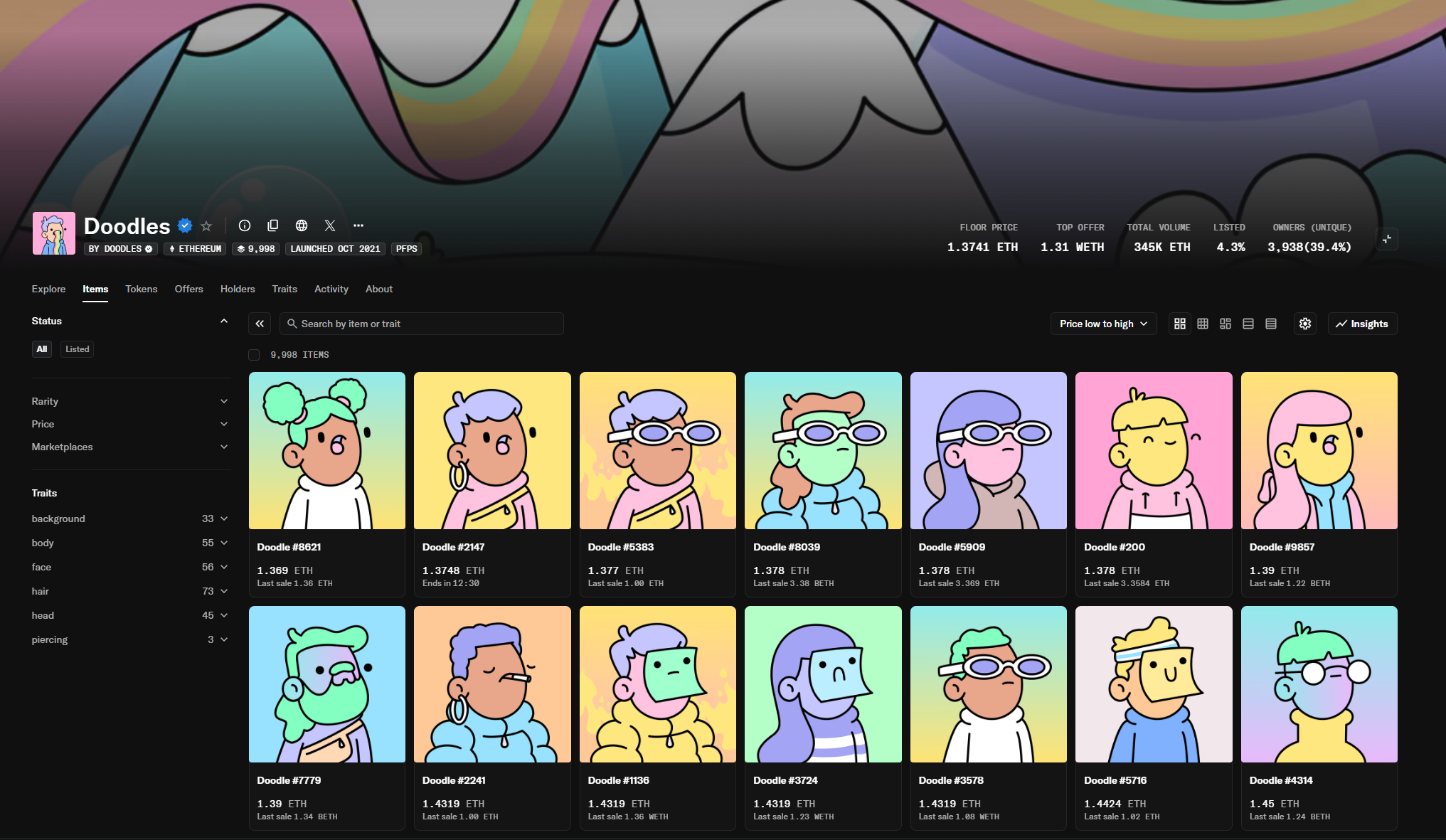 Screenshot on Opensea highlighting the fall of NFT Doodles