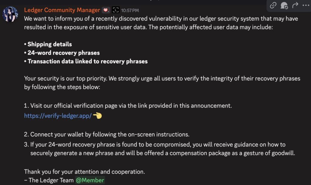 A false message from Ledger posted on Discord trapped Ledger users, pushing them to deliver their recovery sentence.