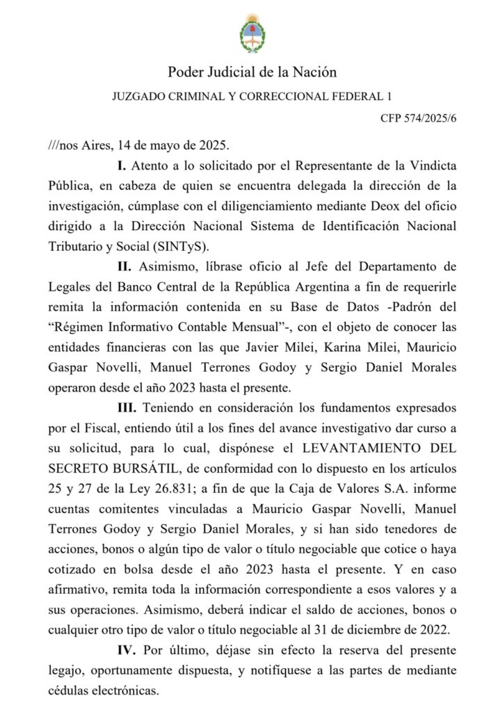 Faced with the scale of the scandal, the federal judge María Servini ordered the lifting of banking secrecy on the accounts of Javier and Karina Milei.