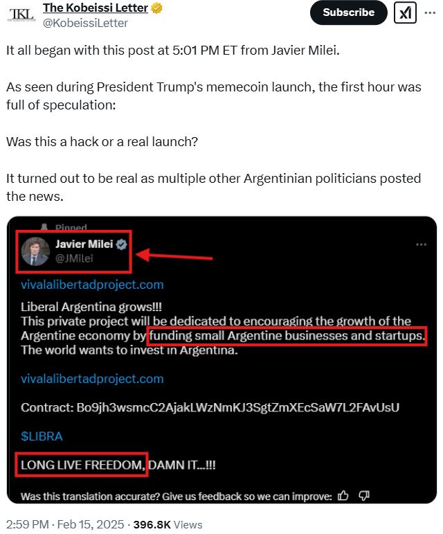 Javier Milei publishes a tweet announcing the launch of a crypto project called $ Libra.