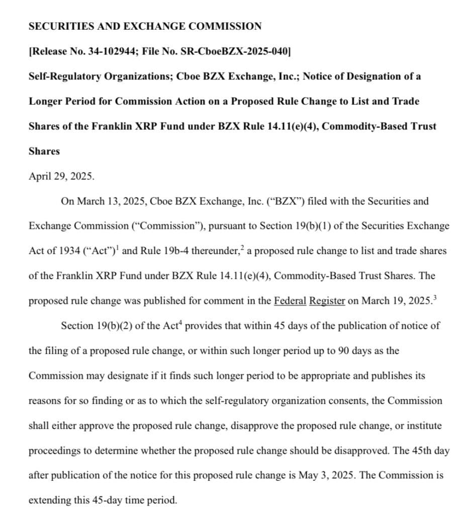 On May 20, 2025, the SEC officially extended the examination period for two major crypto files. On the one hand, the ETF XRP of Franklin Templeton benefits from an additional period until mid-June, in order to allow a more complete study of the legal and regulatory issues.