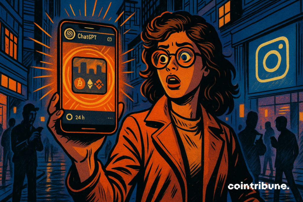 Rue de Nuit in a futuristic metropolis in the air of retro New York. A crypto influencer scrutinizes the screen of the floating phone in a stylized hologram style, an Instagram story published by an entity 