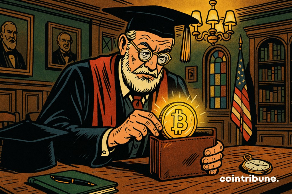 An elderly man, white beard, round glasses, university dress with red scarf, toque placed on the table. He holds a large golden bitcoin between the fingers and sliding it in a brown leather wallet, open to the table. The object emits a slight glow, which symbolizes the integration of crypto into the portfolio of a university via the ETF of BlackRock.