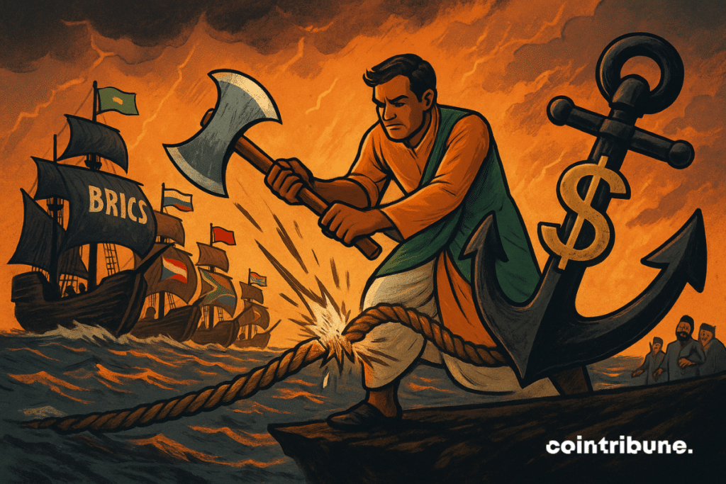 A character representing India, dressed in a traditional mania a large brilliant ax, and is cutting a thick hemp rope linked to a gigantic anchor carrying a 