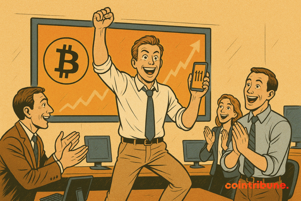 Judity traders applaud in an office while a man brandishes a phone displaying “111” in front of a bull graph and a Bitcoin logo.