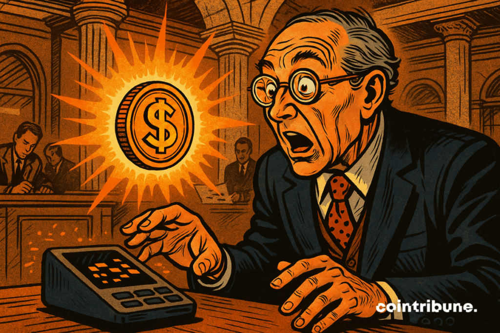 An elderly banker in three rooms, round glasses. Leaning forward, mouth ajar, entered with fascination. Stablecoins floating above a digital terminal, with an orange bright halo.