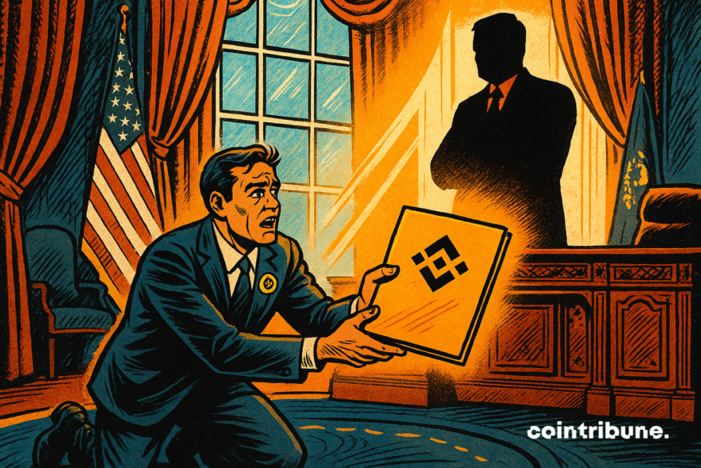 A man in black suit with the Binance logo in medallion, on his knees, tending a file marked with the acronym Binance.