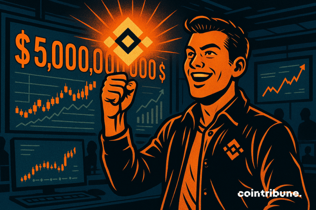 Young trader demonstrating a gesture of victory with a binance logo with him and a table displaying the figure 5 billion dollars