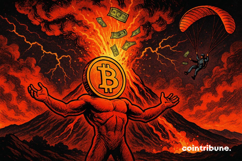 An eruption volcano with bitcoin parts ejected at the top. Bitcoin anthropomorphic avatar (BTC's head of part), a conquering posture faces the lava jet containing bundles of tickets.