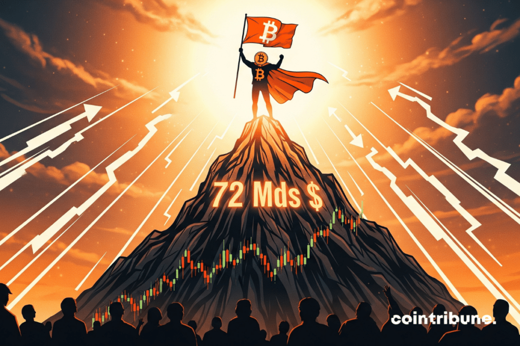 A human silhouette personifying Bitcoin, victorious and dynamic posture, standing on the top of the mountain