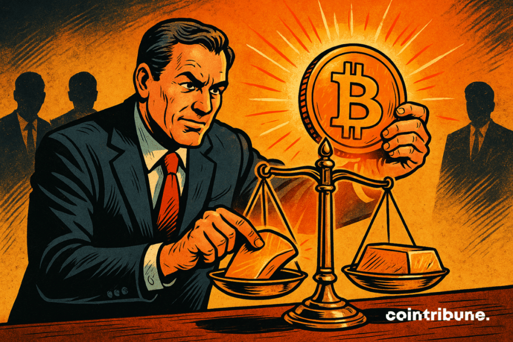 Illustration of a businessman in costume, with a determined gaze, weighs a gold ingot in front of a brilliant bitcoin piece on an old scale.