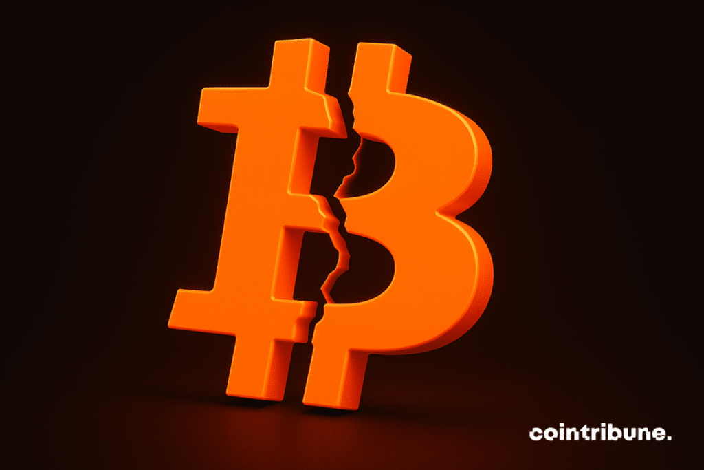 A bitcoin orange symbol, split in half, on a black background.