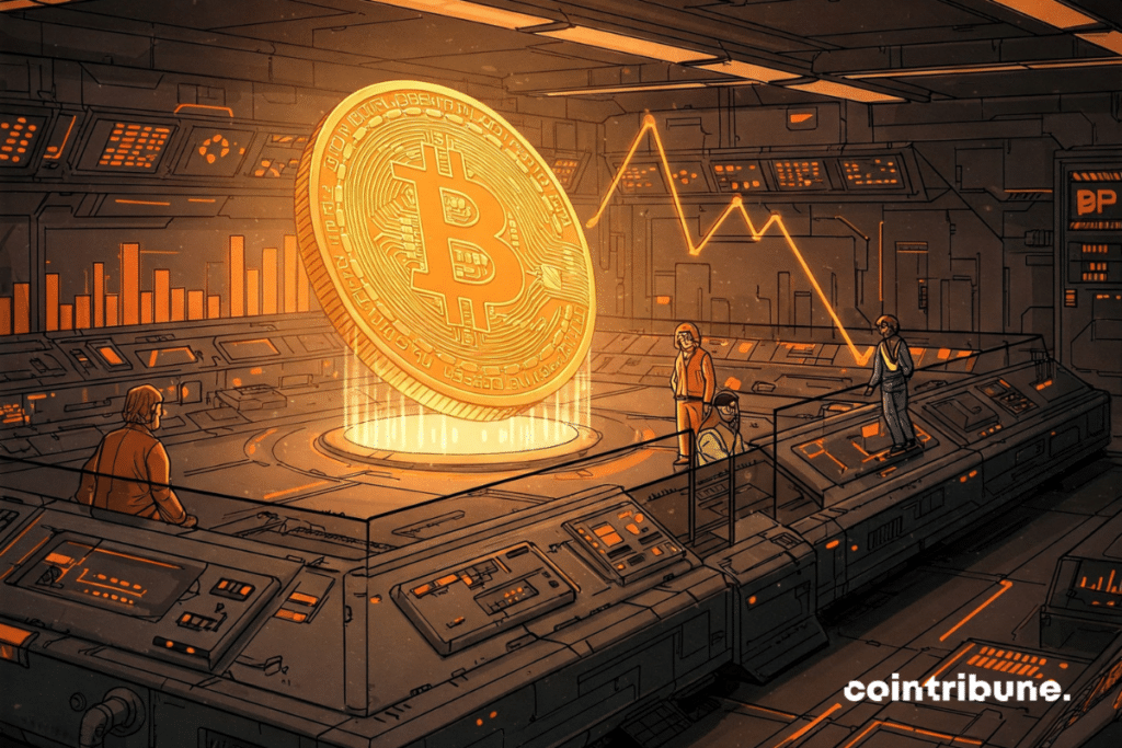 An almost empty exchange, with only a few traders and a bright bitcoin floating above