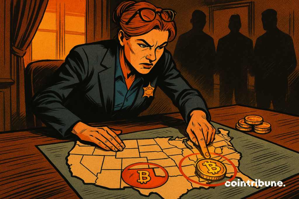 A determined governor points to Arizona on a map of the United States, where a bitcoin symbol shines surrounded by a red circle.
