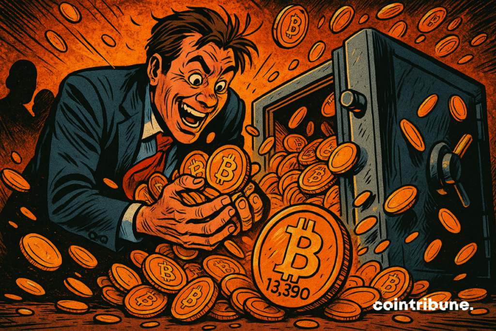 SAYLOR of Strategy in dark suit (ruling type), ruffled hair, shiny eyes, inclined posture in the inside of the trunk, frantically picking the bitcoin with two hands.