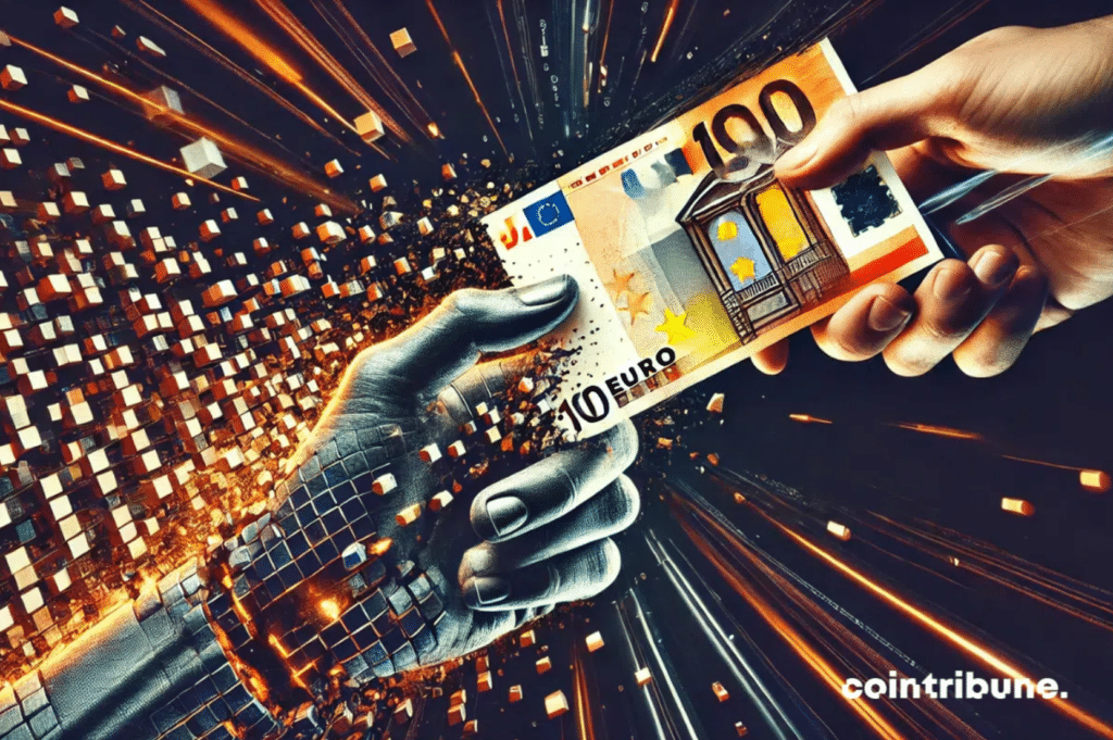 A digital hand drawing a ticket held by a hand of blood and flesh. Illustrates the end of cash.