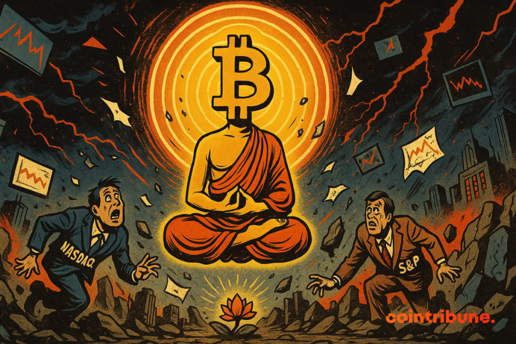 Bitcoin personified, still in a monk, but this time levitating slightly above the ground, legs crossed in the meditation position which symbolizes the drop in volatility.